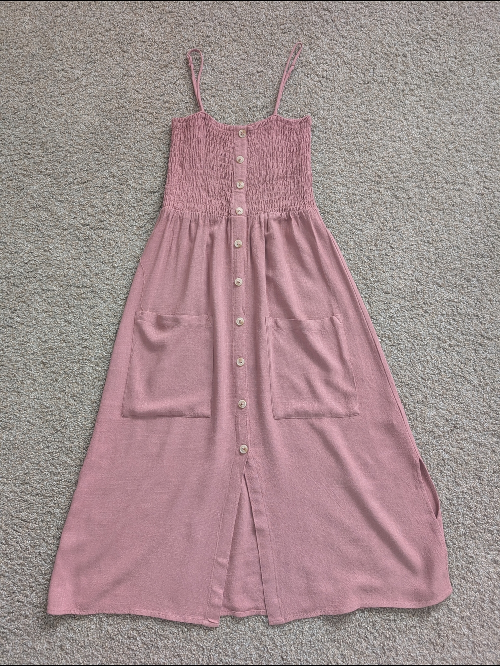 Boho Mauve Smocked Button-Front Midi Dress with Pockets - Size Medium